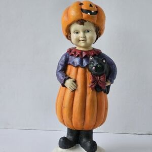 Pumpkin Costume Girl Figurine Holding A Black Cat Vintage
